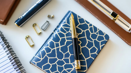 Discover a sophisticated flat lay of office stationery, featuring a stylish notebook and elegant pens. Perfect for inspiration, organization, and creativity.の素材