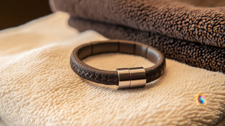 Closeup of a stylish textured bracelet resting on soft brown and white towels, showcasing elegance and modern design in a cozy setting, perfect for relaxation.の素材