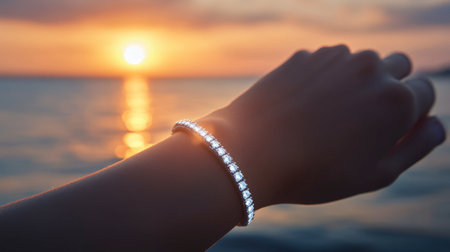 A stunning close-up of a sparkling silver bracelet on a wrist, illuminated by a beautiful sunset over calm water. This image captures elegance and tranquility.の素材