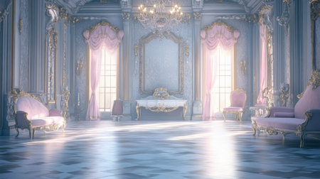 A stunning luxurious room showcases elegant decor, featuring ornate furniture and soft pink drapes. The warm lighting creates a tranquil ambiance, perfect for relaxation.の素材