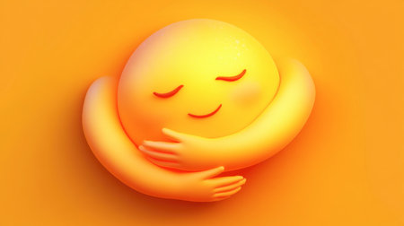 A delightful sun character with a joyful expression is embracing itself, set against a warm orange background, symbolizing happiness and positivity.の素材