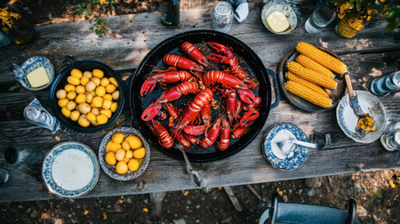A captivating outdoor seafood feast showcasing bright red lobsters, golden corn, and fresh potatoes arranged on a rustic table, inviting a delightful summer gathering.の素材