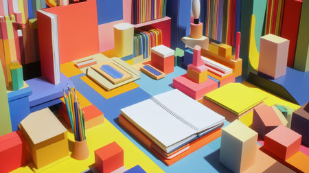 Bright and vibrant workspace layout featuring assorted stationery items. The colorful arrangement showcases creativity and organization, ideal for artistic projects.の素材