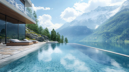 Discover the peaceful beauty of a luxury infinity pool overlooking majestic mountains and a serene lake, perfect for relaxation and escape.の素材