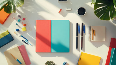 A vibrant flat lay showcasing notebooks and various stationery on a workspace. Ideal for themes of creativity, organization, and inspiration in office or academic settings.の素材