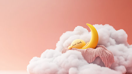 This adorable illustration features a cute cartoon moon and sun character peacefully sleeping on fluffy clouds, creating a cozy and whimsical atmosphere perfect for childrenの素材