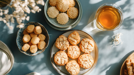 Enjoy a cozy afternoon tea scene featuring assorted homemade cookies arranged on various plates. Perfect for a tranquil moment of relaxation and indulgence.の素材