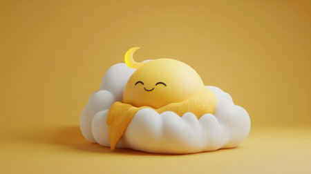 A cheerful cartoon sun nestled in a fluffy cloud, wrapped in a cozy blanket, set against a bright yellow background, radiating warmth and joy.の素材