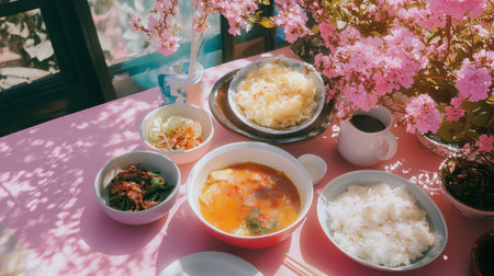 A beautiful spread of Asian dishes including soup, rice, and vegetables, surrounded by blooming cherry blossoms, creating a serene and vibrant dining experience.の素材