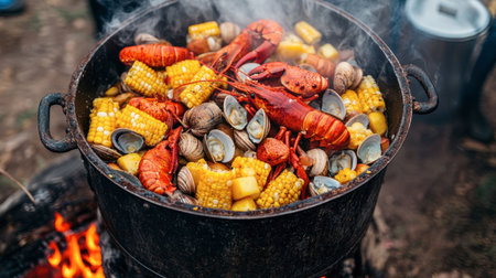 A vibrant seafood boil featuring lobster, corn, and clams, prepared outdoors over a fire. Perfect for gatherings, this dish brings friends and family together.の素材