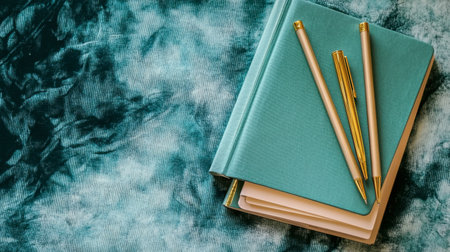 A chic arrangement of teal notebooks and golden pens on a textured background, perfect for inspiring creativity and enhancing workspaces with a modern touch.の素材