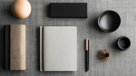 A sleek and minimalist workspace layout showcasing elegant stationery and decor items. Ideal for creative, modern, and professional environments.の素材