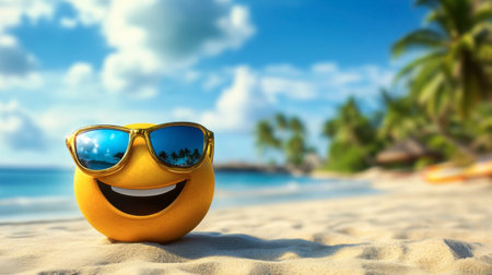 A cheerful orange fruit wearing sunglasses smiles on a tropical beach. The vibrant scene captures summer joy, highlighting the sandy shore and palm trees.の素材