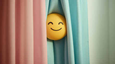 A cheerful smiley face peeks through pastel-colored drapes, creating a playful and inviting atmosphere. The soft light enhances the vibrant colors.の素材