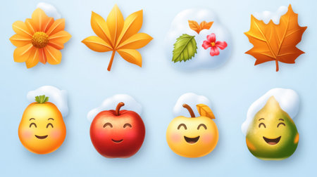 A vibrant illustration featuring colorful autumn leaves, cheerful fruits with snow caps, and flowers. Perfect for seasonal designs and joyful themes.の素材
