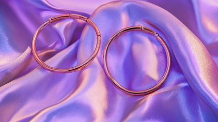 Stunning rose gold hoop earrings lay elegantly on soft satin fabric, showcasing their glossy finish and contemporary design for a fashionable look.の素材