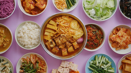 A vibrant array of Asian dishes elegantly displayed on a pink background, showcasing tofu, vegetables, rice, and soup that highlight diverse culinary traditions.の素材