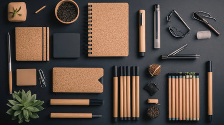 Explore a stylish workspace featuring cork stationery, pens, and plants, perfect for creative professionals. A modern flat lay arrangement displays minimalism and productivity.の素材