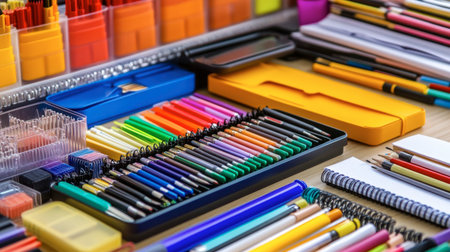 A vibrant array of assorted office and school supplies arranged neatly on a desk, showcasing colors and tools for creativity and productivity.の素材
