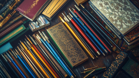 A vibrant assortment of pens and notebooks displayed on a rustic wooden surface, capturing the essence of creativity and organization in an artistic setup.の素材