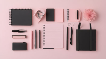 A beautifully arranged flatlay featuring minimalist stationery on a soft pink background. The composition includes different notebooks, pens, and organizational tools, perfect for inspiration and productivity.の素材