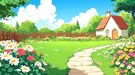 A picturesque garden scene featuring a cozy cottage surrounded by vibrant flowers and lush greenery under a bright blue sky with fluffy clouds.の素材