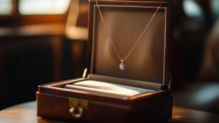 A stunning rose gold necklace elegantly placed inside a luxurious wooden jewelry box, showcasing its beauty in a warm, inviting setting perfect for gifts or special occasions.の素材