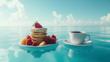 Enjoy a serene breakfast setting featuring fluffy pancakes topped with fresh strawberries and raspberries, paired with a cup of coffee on tranquil water, evoking relaxation.の素材