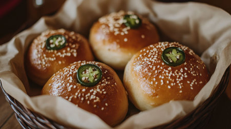 A tempting display of freshly baked savory buns topped with jalapeの素材