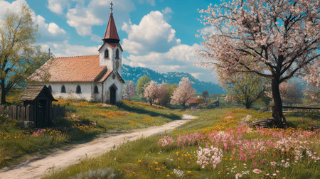 A picturesque spring landscape featuring a charming chapel surrounded by blooming cherry trees. The vibrant scene invites peace and tranquility in nature.の素材
