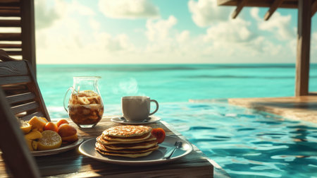 Enjoy a delightful breakfast at the poolside featuring fluffy pancakes, fresh fruits, and a refreshing drink. The serene blue water complements the sunny atmosphere.の素材