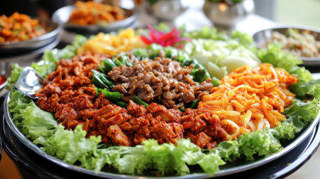 A vibrant platter featuring spicy marinated chicken nestled among fresh vegetables. Perfect for showcasing the beauty of culinary art at any event.の素材