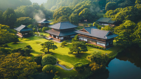 Experience a serene Japanese garden featuring traditional architecture surrounded by lush greenery and tranquil waters, creating a peaceful natural escape.の素材