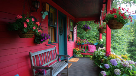 A charming red porch adorned with hanging flower baskets and lush plants creates a vibrant outdoor space. Ideal for relaxation and enjoyment of nature.の素材