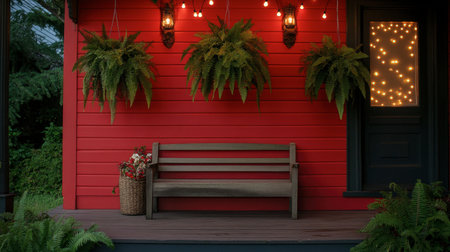 A charming red porch featuring lush ferns, a wooden bench, and warm string lights creates an inviting nighttime atmosphere, perfect for relaxation.の素材