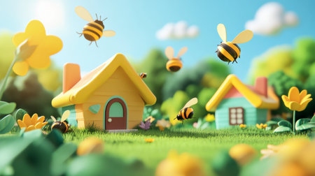 Discover a whimsical scene featuring charming cartoon bees buzzing around colorful flower cottages, set in a vibrant, sunny garden landscape.の素材