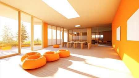 Bright and spacious modern interior featuring vibrant orange accents. The room showcases an inviting atmosphere with ample natural light and stylish furniture.の素材