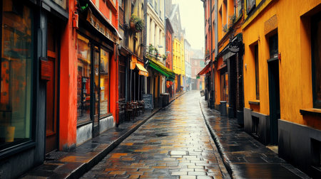 A stunning view of a quiet street lined with colorful buildings under rain. The wet pavement reflects vibrant hues, creating a serene atmosphere. Ideal for travel themes.の素材