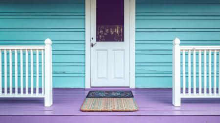 This image showcases a colorful porch entrance featuring a vibrant blue wall and a decorative welcome mat, creating a cheerful and inviting atmosphere.の素材