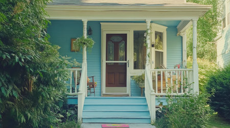 A picturesque blue house featuring a welcoming porch adorned with greenery. This serene setting invites relaxation and captures the charm of cozy living.の素材