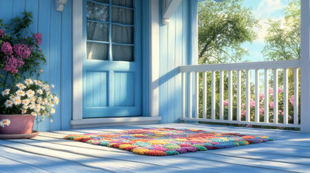 A bright and inviting porch featuring a colorful rug and blooming flowers, bathed in soft sunlight. Perfect for a cozy outdoor space or seasonal decor.の素材