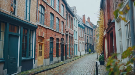 Discover a picturesque cobblestone alley featuring historic brick buildings. The serene atmosphere invites exploration in this charming European setting.の素材