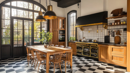 Bright and airy kitchen featuring a wooden dining table, elegant decor, and large windows. A perfect blend of modern design and cozy ambiance for culinary enthusiasts.の素材