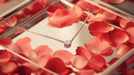 A stunning silver necklace elegantly rests on a mirror surface, surrounded by soft, vibrant rose petals. This composition captures luxury and romance.の素材