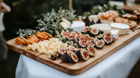 A tempting charcuterie board featuring a mix of vibrant fruits, creamy cheeses, and fresh herbs, perfect for gatherings and outdoor events.の素材
