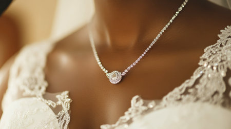 This stunning close-up showcases an elegant necklace worn on a bridal gown. The intricate design and sparkle make it a perfect accessory for weddings and special occasions.の素材