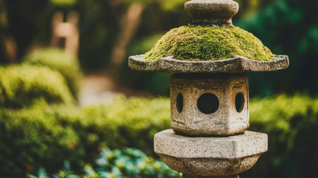 A serene Japanese lantern stands amidst lush greenery, adorned with vibrant moss. This tranquil scene embodies nature's beauty and cultural depth.の素材