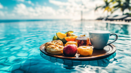 Enjoy a serene morning with a delightful breakfast tray featuring fresh fruits, pastries, and coffee, floating in a sparkling pool under a clear blue sky.の素材