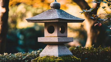 A serene stone lantern situated in a lush Japanese garden, complemented by moss and greenery. This tranquil scene embodies the essence of nature's beauty and harmony.の素材