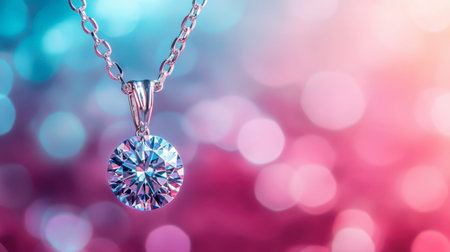 A stunning diamond pendant hangs gracefully from a delicate chain, surrounded by a vibrant bokeh background. This image captures elegance and luxury in a beautiful way.の素材